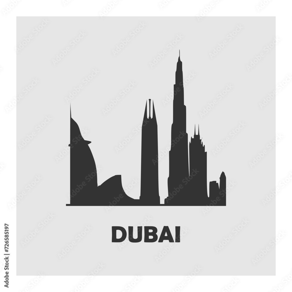 Black Dubai city on white background.