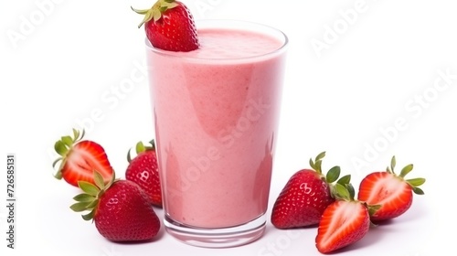 Glass of strawberry smoothie, isolated on transparent background. Yogurt with fresh berries.