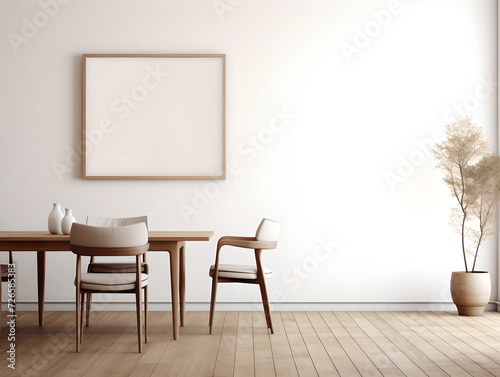 Mid-century style interior design of modern dining room with a blank frame and wooden table , chairs , white wall, Plant Vase , wooden floor,mockup