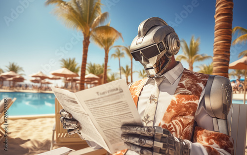 metal robot with a newspaper by the pool, around a palm tree. The concept of travel and vacation. photo