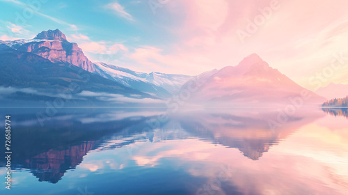 A breathtaking pastel sunrise reflecting on a serene mountain lake, surrounded by a tranquil landscape.