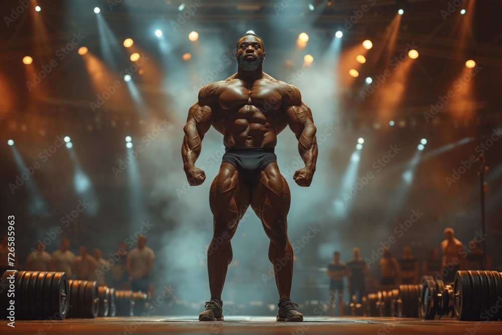 Obraz premium A bodybuilder on a competition stage, striking a classic bodybuilding pose.