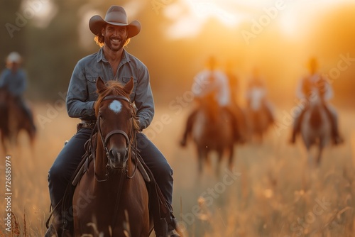 Happy cowboy on horseback, riding through open fields , embodying western adventure. photo