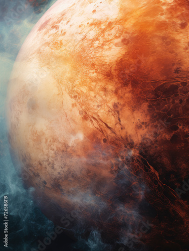 Close-up view of Venus, its thick atmosphere of carbon dioxide and sulphuric acid, reveals its, orange, white and yellow hues. Depicting, it's dense clouds, Rocky volcanic terrain.