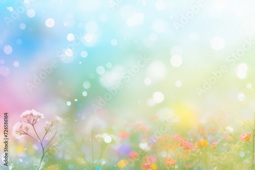 Beautiful multicolored spring meadow background with wild flowers and bokeh lights © pilipphoto