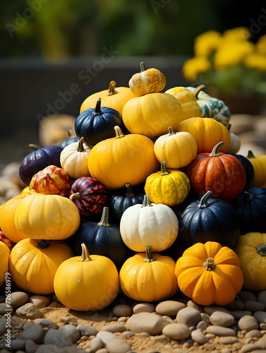 Autumn Harvest Colorful PumpkinsVibrant assortment of colorful pumpkins on a pebble surface, ideal for fall themes, decoration, and agricultural use.