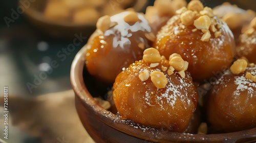 Delicious caramel candies with nuts in bowl on table, closeup