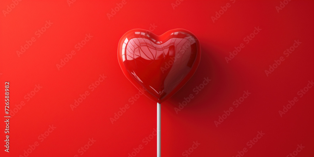 Red heart-shaped lollipop candy over pink background. Greeting Card for Valentine's Day love concept. Empty space place for text copy-paste