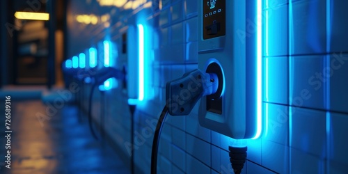 Sustainable Energy in the Futuristic City, Electric Wall Charging Power Supply Illustrating Advanced Concepts of Clean Power.