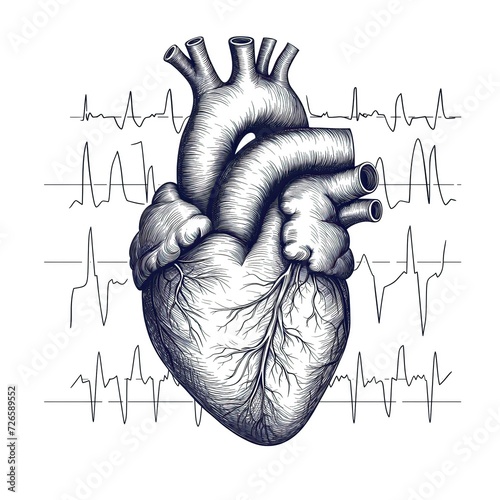 Electrocardiograma del corazón, boceto ilustrado del ritmo cardíaco. Open heart, heart rate, rhythm, organic view, concept draw, vital pulse, graphic design, give life, thanks, pray, cardio exercise photo