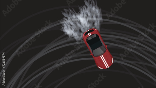 top view flat cartoon of car vehicle drift racing in curve road