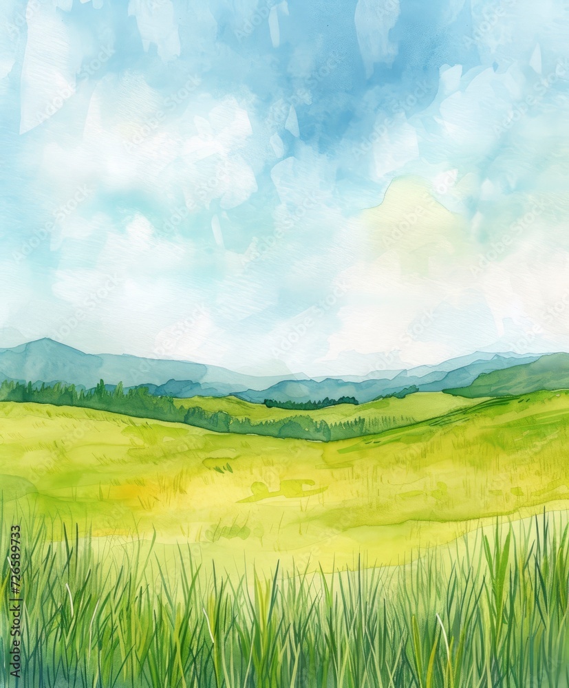 Watercolor green grass and blue sky with clouds