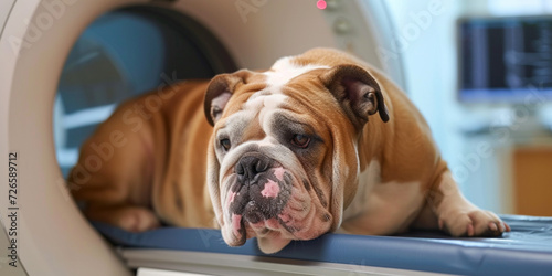 Veterinary and animal care. Doctor preparing dog to have lumbar spine MRI. Vets examining x-ray on British French Bulldog dog lying in veterinary surgery hospital