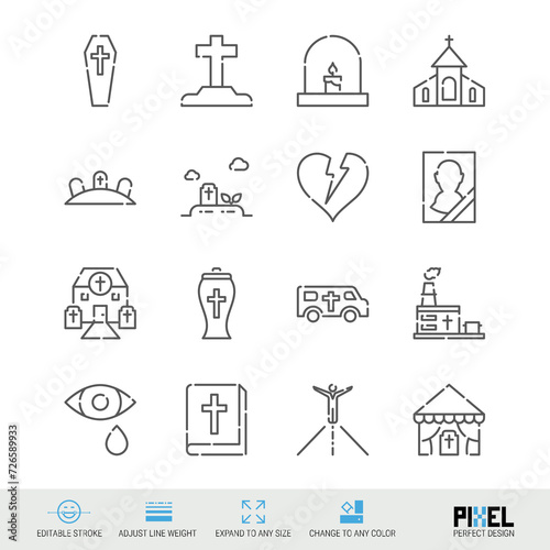 Funeral services related vector line icon set isolated on white