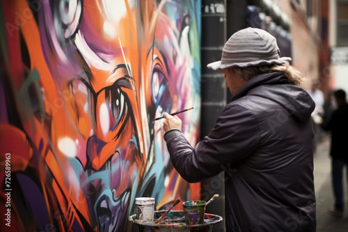 Graffiti artist at work on a city alley way, capturing the rebellious spirit and raw energy of street art, blurred background, cinematic feel