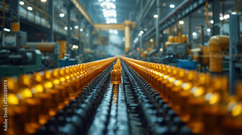 Golden bottles on a conveyor belt in a factory, depicting mass production and industrial manufacturing