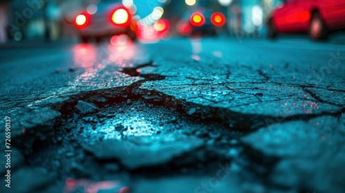 City Nightmares, Damaged Asphalt on a Busy Street, Cracked and Torn, Reflecting the Impact of an Earthquake in an Urban Landscape.