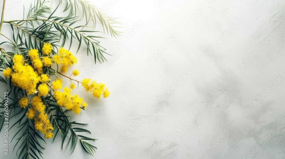 Branch of mimosa flowers on a beige texture background copyspace
