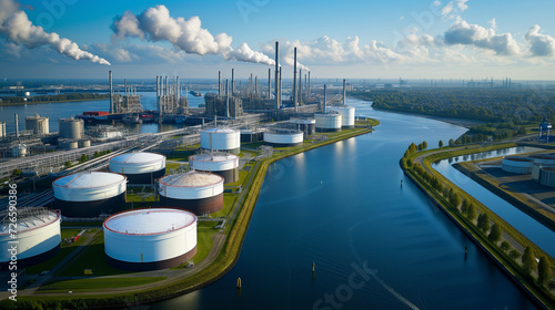 White oil storage tankers in a port area - Generative AI
