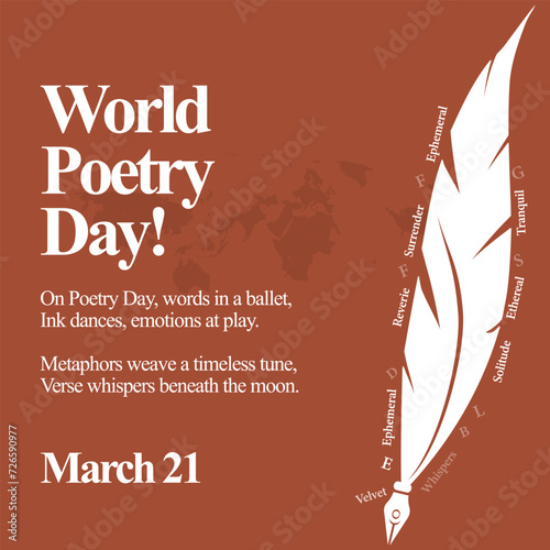 World Poetry Day. March 21, World poetry day celebration banner in brown colour with silhouette world map and a big quill pen icon in white colour. Poetry day conceptual banner with feather pen icon. 