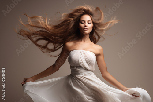 Woman with long hair in the air wearing white smooth dress