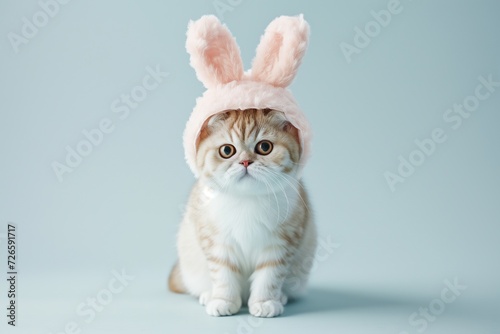 A cute cat, adorably dressed in a fluffy bunny ears hat, gazes upwards with big, soulful eyes against a soft grey background. © Chanakan
