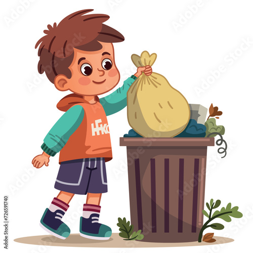 Vector illustration of boy throwing a bag of garbage into the trash can. 
