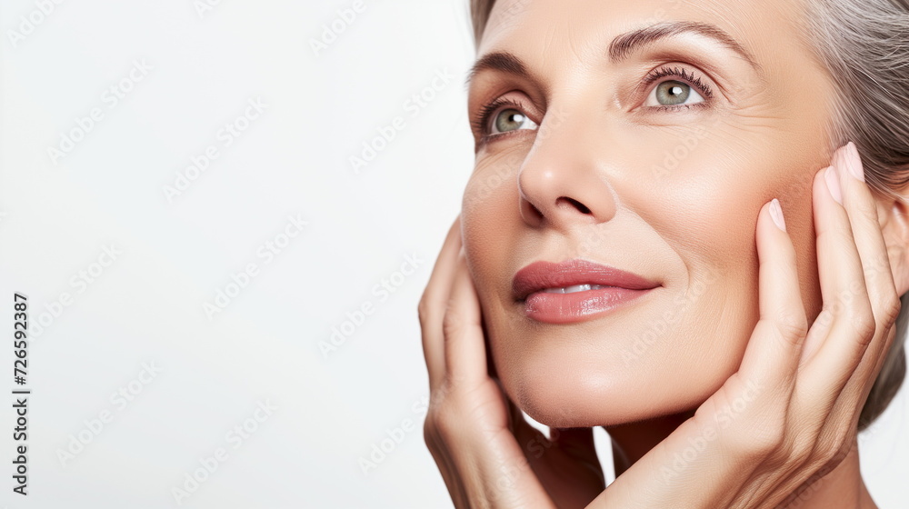 Beauty portrait of mature woman smiling with hand on face. Closeup face of happy senior woman feeling fresh after anti-aging treatment Beauty portrait of mature woman smiling with hand on face. Closeup face of happy senior woman feeling fresh after anti-aging treatment