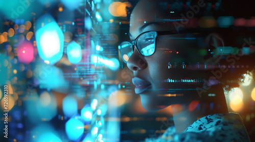 Digital Wizardry: A woman thinking about data analytics with a tablet, coding hologram, and a tech expert in glasses exploring programming and cybersecurity on a 3D screen. All set against a backdrop 