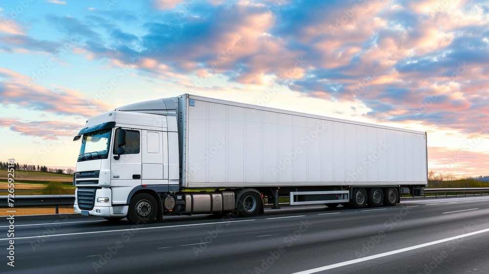 Truck with container on highway, cargo transportation concept