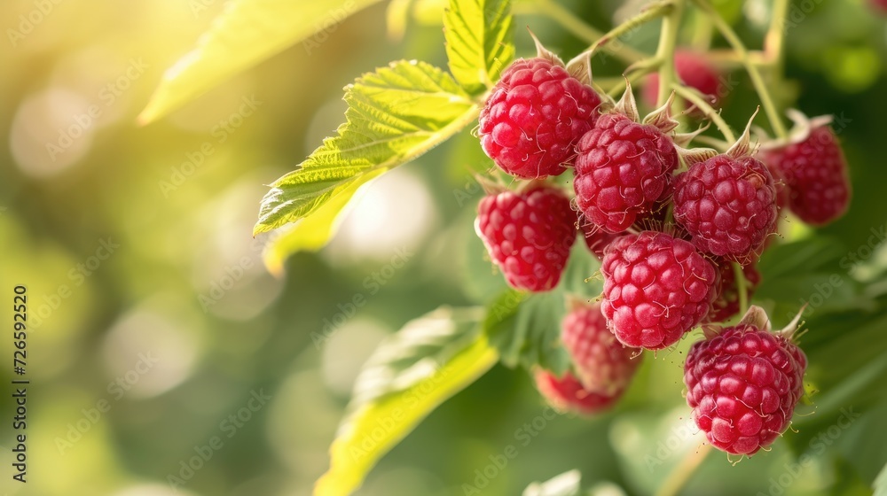 branch of ripe raspberries in a garden on blurred green background branch of ripe raspberries in a garden on blurred green background