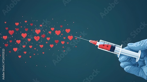 human hand holding a syringe it spread out small hearts . positive mental health, positive thoughts concept