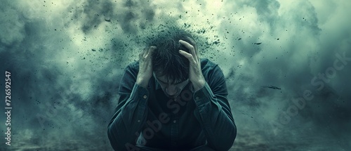 a person who holds his head tightly under severe stress at abstract background, schizophrenia disorder, mental health concept photo