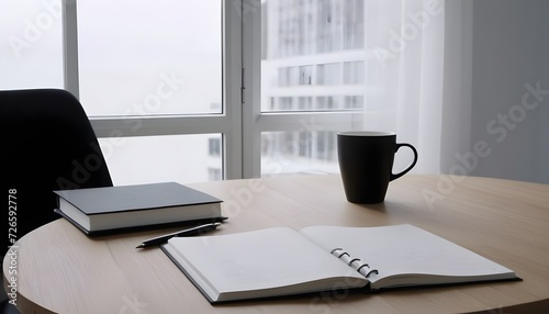 open book with pen on the work table. Minimalistic and simplistic office, work place.  © Gia