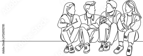 continuous single line drawing of group of young people sitting on ground talking, line art vector illustration