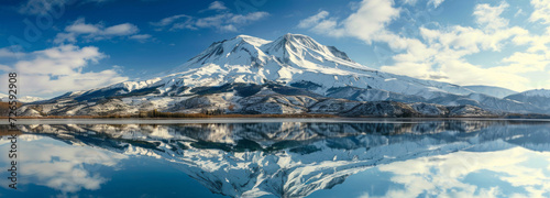 A serene mountain lake reflects a snow-capped peak under a clear blue sky, surrounded by the golden hues of alpine grasses, creating a mirror image in the still water