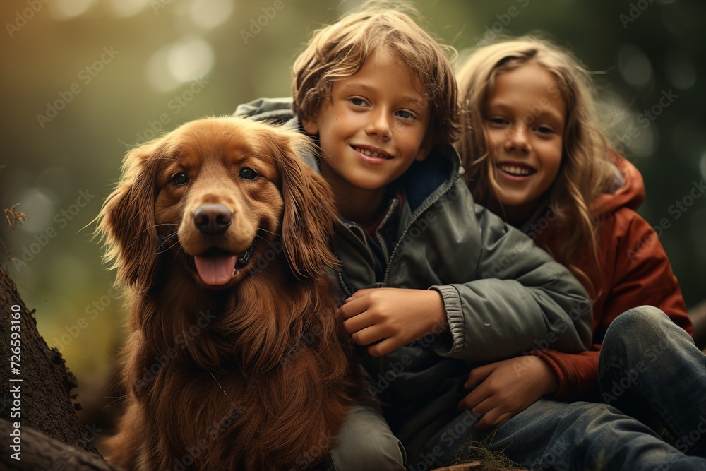 Happy children with dog in nature. Camping, travel, hiking.