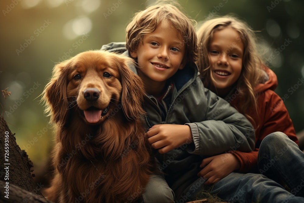 Happy children with dog in nature. Camping, travel, hiking. Happy children with dog in nature. Camping, travel, hiking.