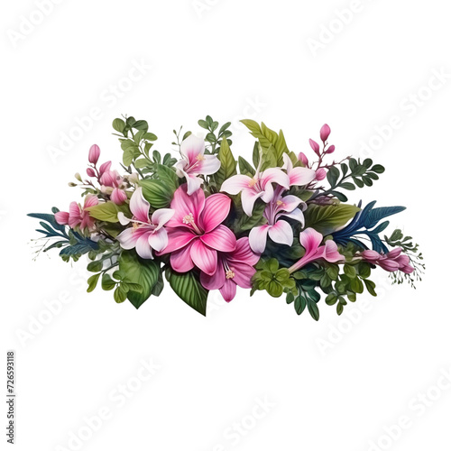 Tropical plant bush floral arrangement with tropical leaves Monstera and fern and Vanda orchids