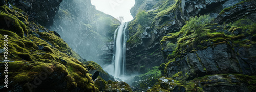 Hydropower Harmony is a majestic waterfall cascading down a mossy cliff face, daylight, powering a nearby hydroelectric dam. Capture the interplay of water and technology