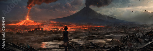 A person on the background of a volcano, picture. A volcanic eruption destroys everything