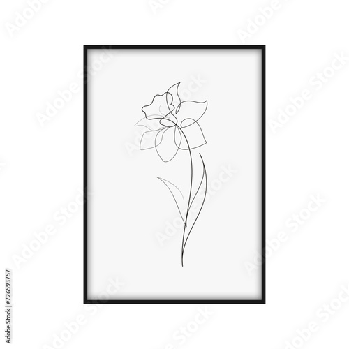 Continuous one simple single abstract line drawing of a daffodil flower icon in silhouette on a white background. Linear stylized.