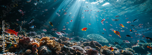 Sunbeams cascade through the clear blue waters of a vibrant coral reef teeming with diverse fish, creating a mesmerizing underwater dance of light and life © DJSPIDA FOTO