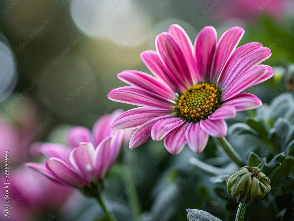 Fototapeta premium Close-up of a vibrant purple cosmos flower with golden yellow center, delicate petals unfurling against a bokeh background
