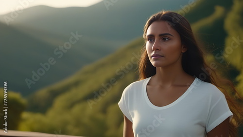 A girl in a white T-shirt with flowing long hair travels in the mountains