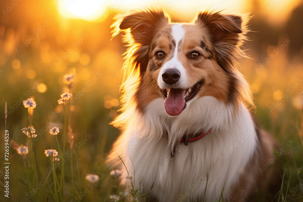 Close up of dog looking around in the grass field with sunset light