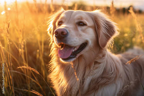 Close up of dog looking around in the grass field with sunset light