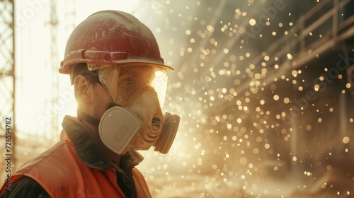 A Skilled Construction Worker, Adorned with a High-Grade Dust Mask, Navigating a Construction Site Amidst a Cloud of Glass Wool Particles. photo