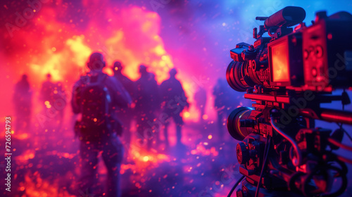 Film crew captures dramatic scenes against a fiery backdrop, with a professional camera in the foreground © weerasak