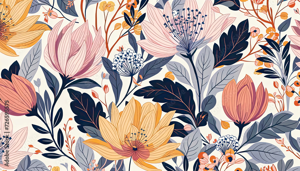 floral pattern with orange, pink, and blue flowers and leaves on cream background